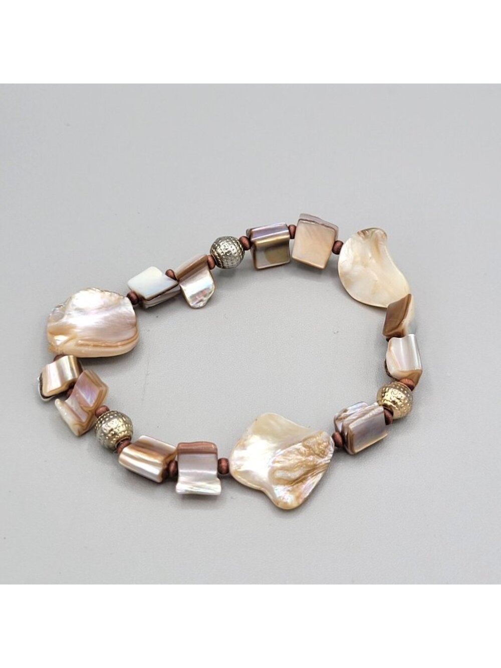 Mother of Pearl Elastic Stretch Bracelet Brown Cream Natural Pieces Metal Beads